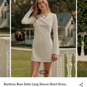Commense Backless Bow Satin Long Sleeve Short Dress - White